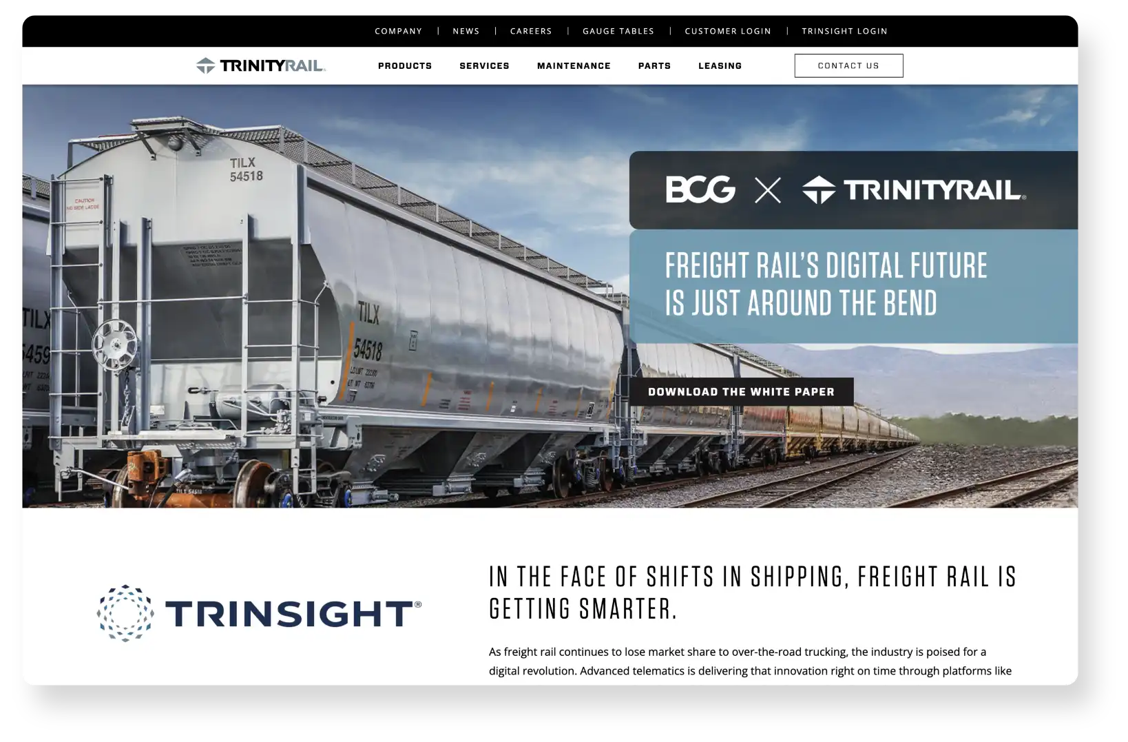 Trinity Rail homepage screenshot