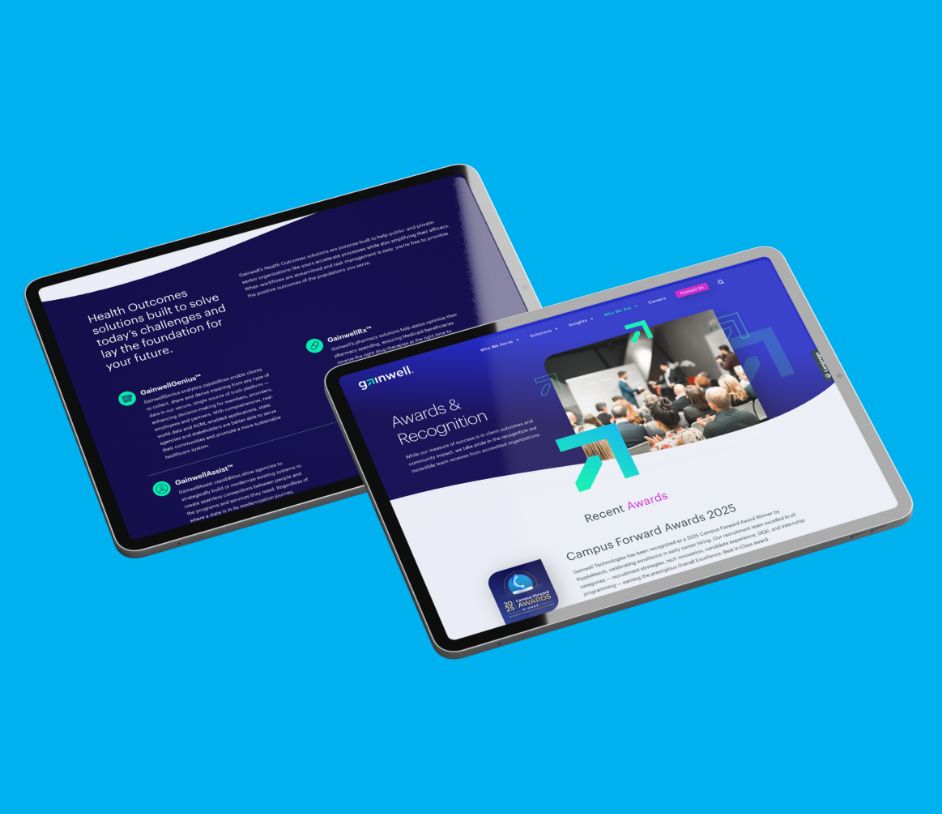 Two tablets laying on one another, each showing different sections of the Gainwell Technologies website