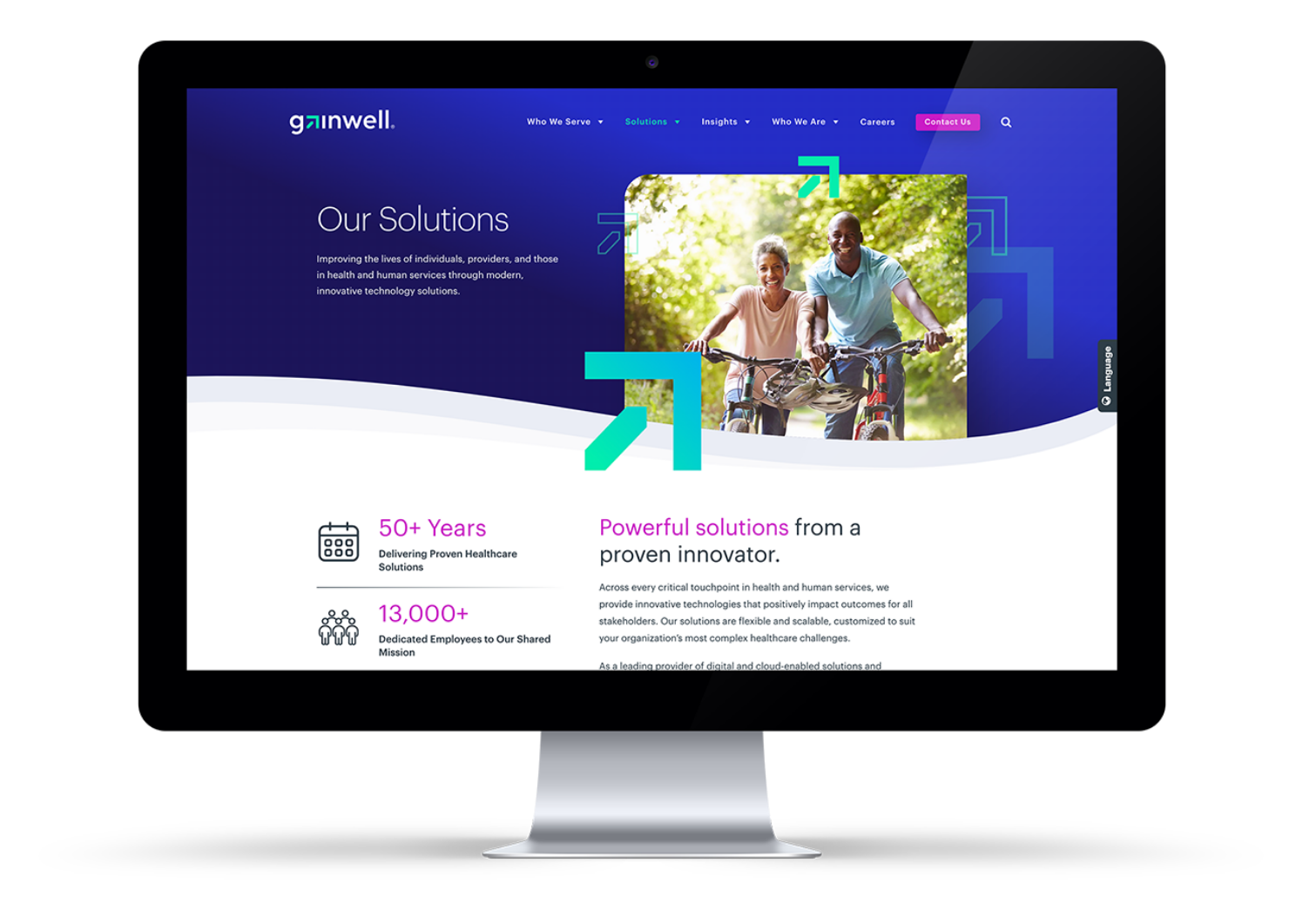 A desktop monitor mockup on a transparent background showing the Our Solutions page from the Gainwell Technologies website