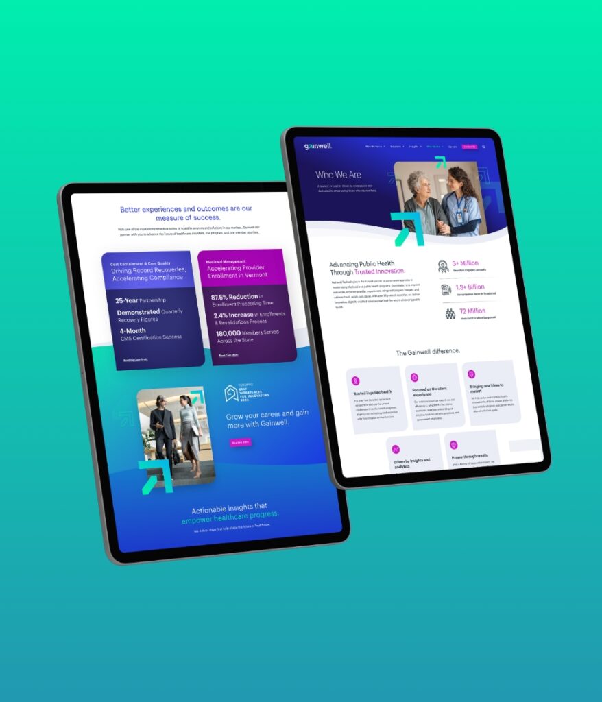 Two tablets placed next to each other, each showing elements of the Gainwell Technologies website
