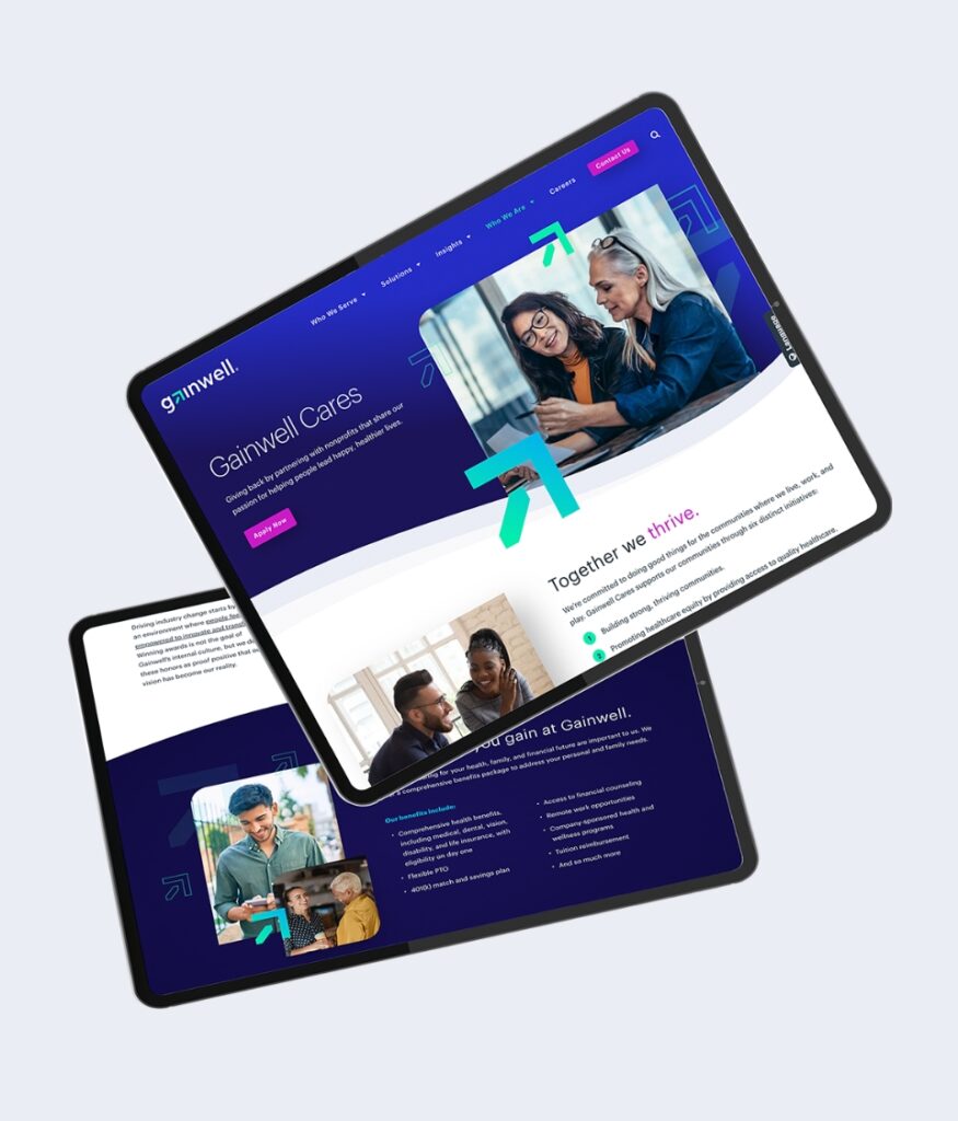 Two tablets on a grey background, each showing components of the Gainwell Technologies website