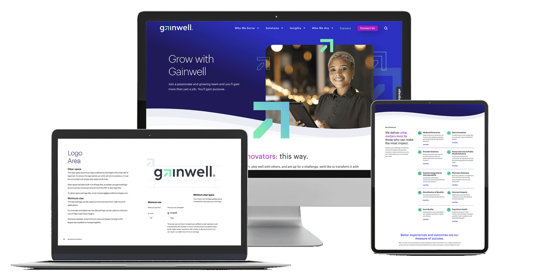 A laptop, tablet, and monitor against a transparent background, each showing components of the Gainwell Technologies website.