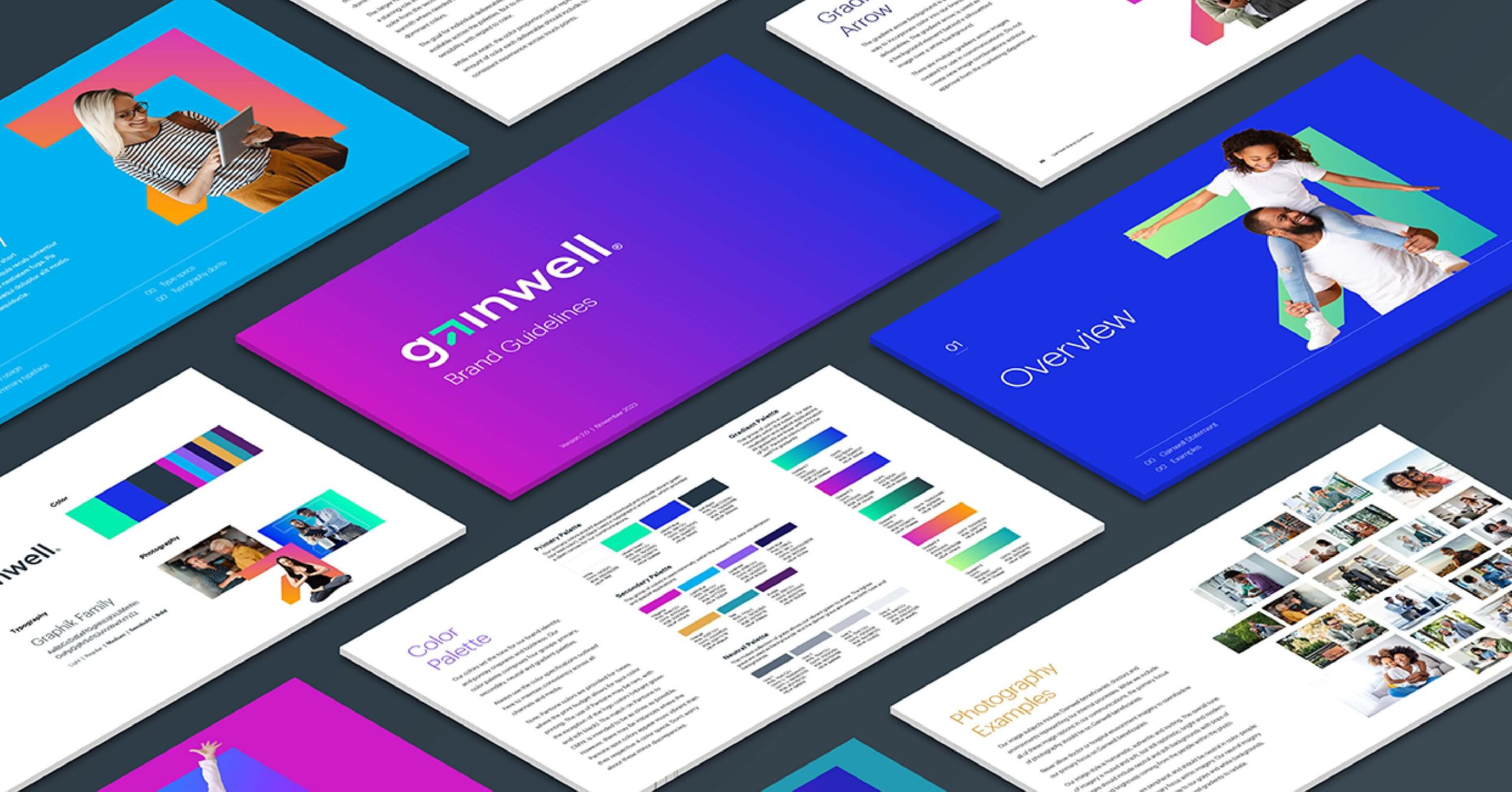 A grid of Gainwell visual assets ranging from website pages to the brand standards guide