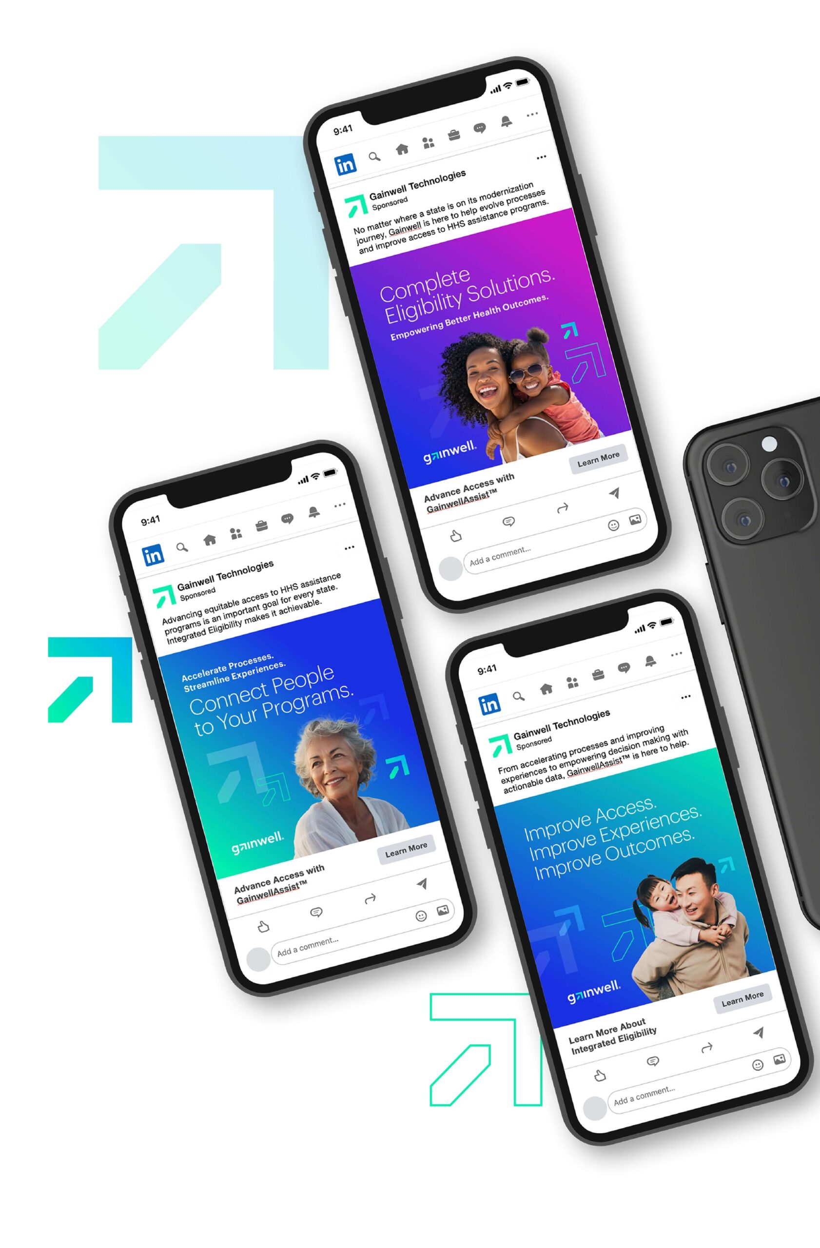 Several phones showcasing social ads from Gainwell Technologies