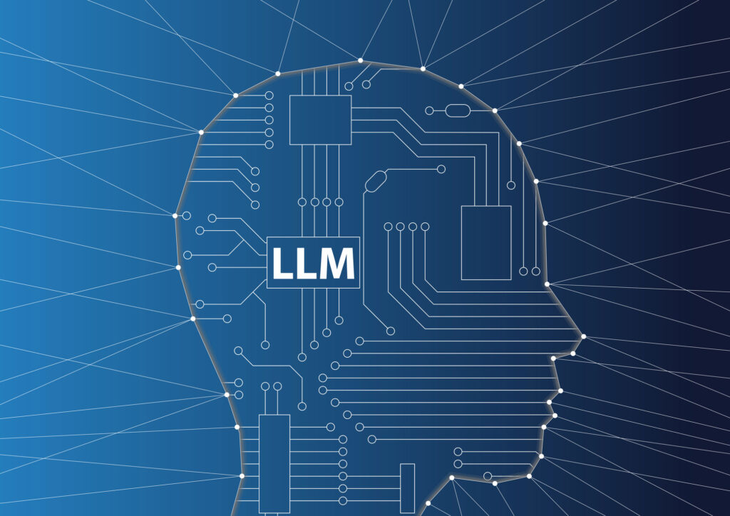 A navy blue and silver line work illustration depicts a motherboard at the center of a minimalistic head in profile, with LLM (meaning Large Language Model) being nestled at the center of the brain.