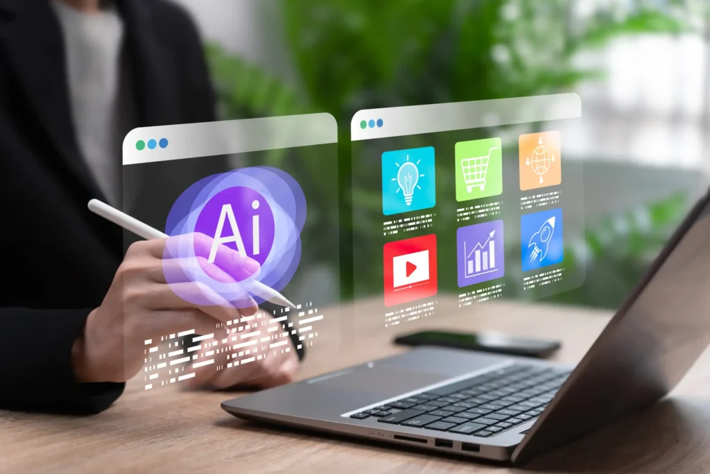 A person with a white stylus gestures toward a laptop computer with floating graphs, charts, and icons representing digital innovation and artificial intelligence.