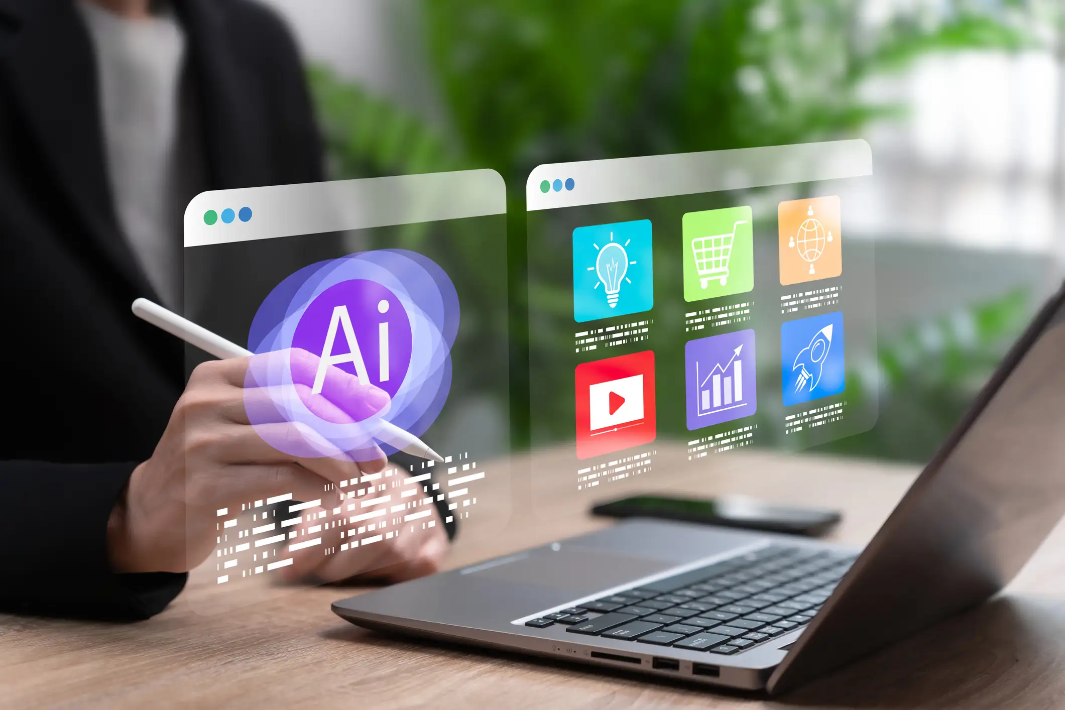 A person with a white stylus gestures toward a laptop computer with floating graphs, charts, and icons representing digital innovation and artificial intelligence.