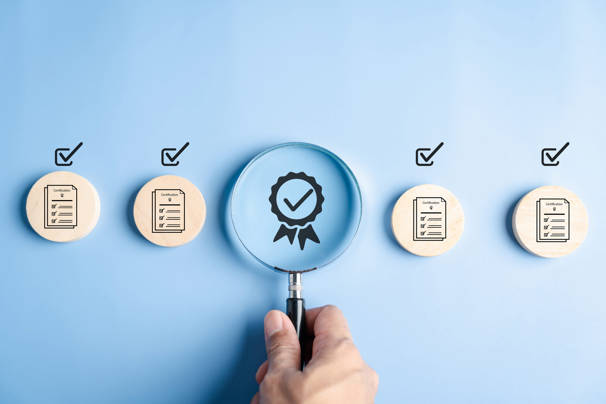 Blue background with a loop centered over an illustrated form-like document surrounded by five icons that all convey checkmarks in different styles.